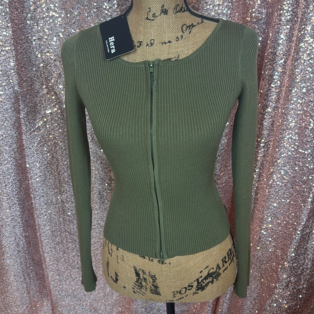 Hera Collection Ribbed Knit Zip Cardigan Cropped Top Sweater Green
